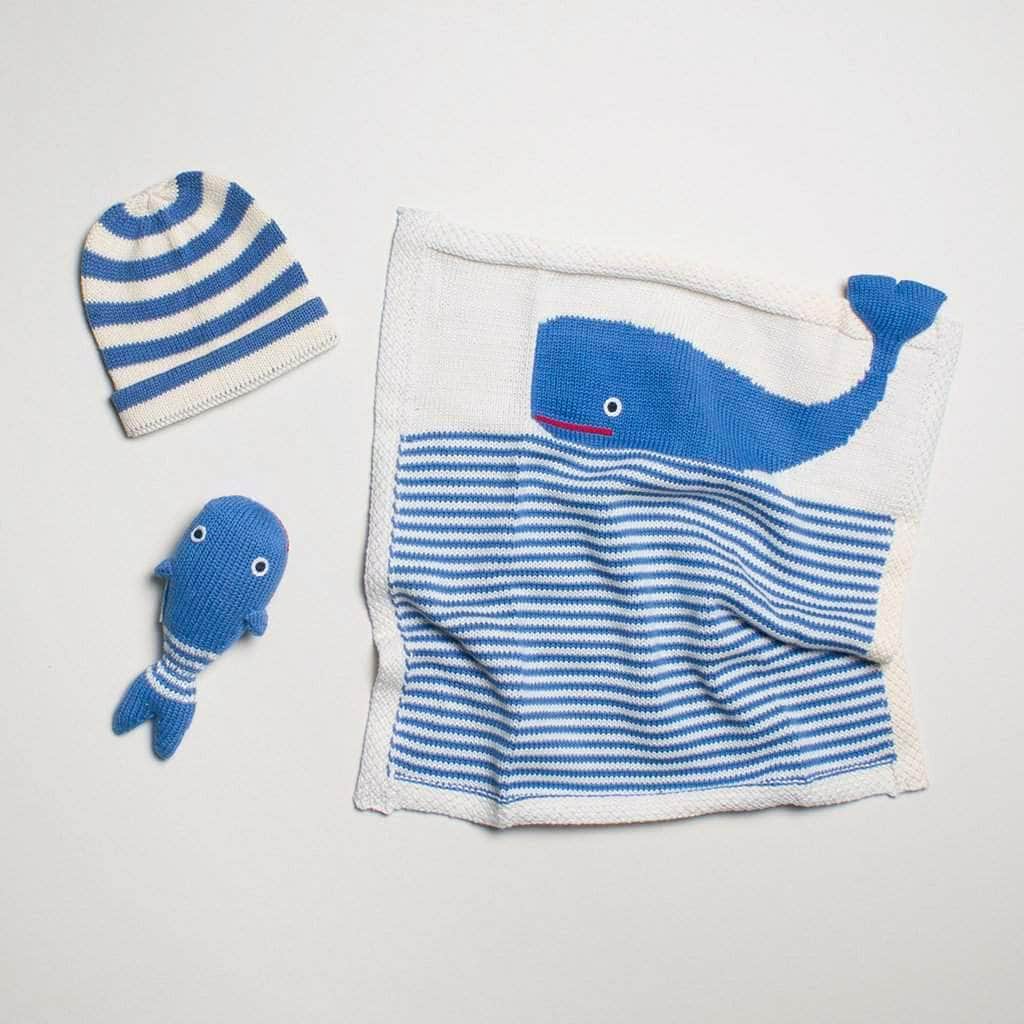 Estella Organic Baby Gift Set - Whale-themed Handmade Lovey, Rattle & Hat for Newborns