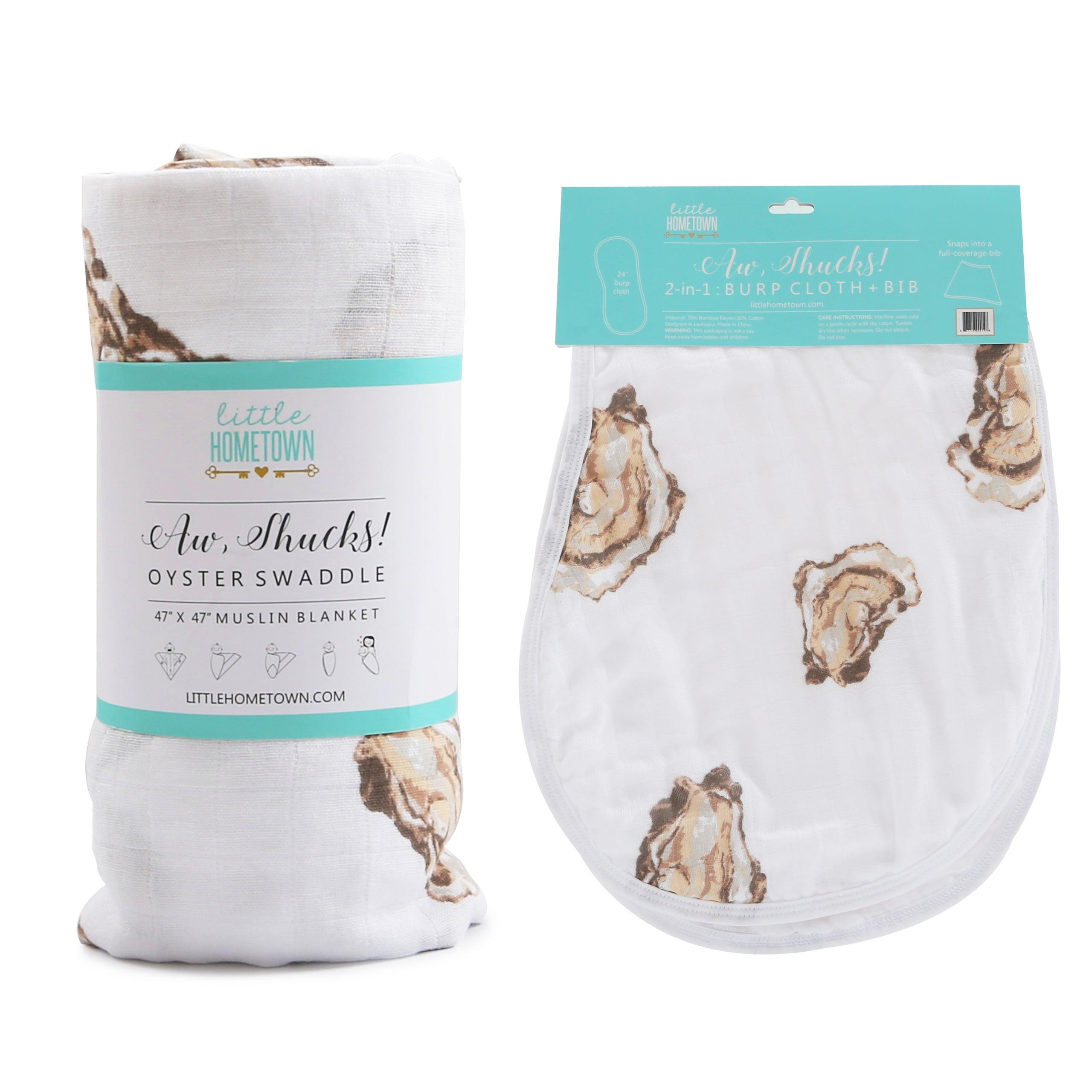 Little Hometown Gift Set: Adorable Oyster Baby Muslin Swaddle Blanket and Burp Cloth/Bib Combo - Save 10%!