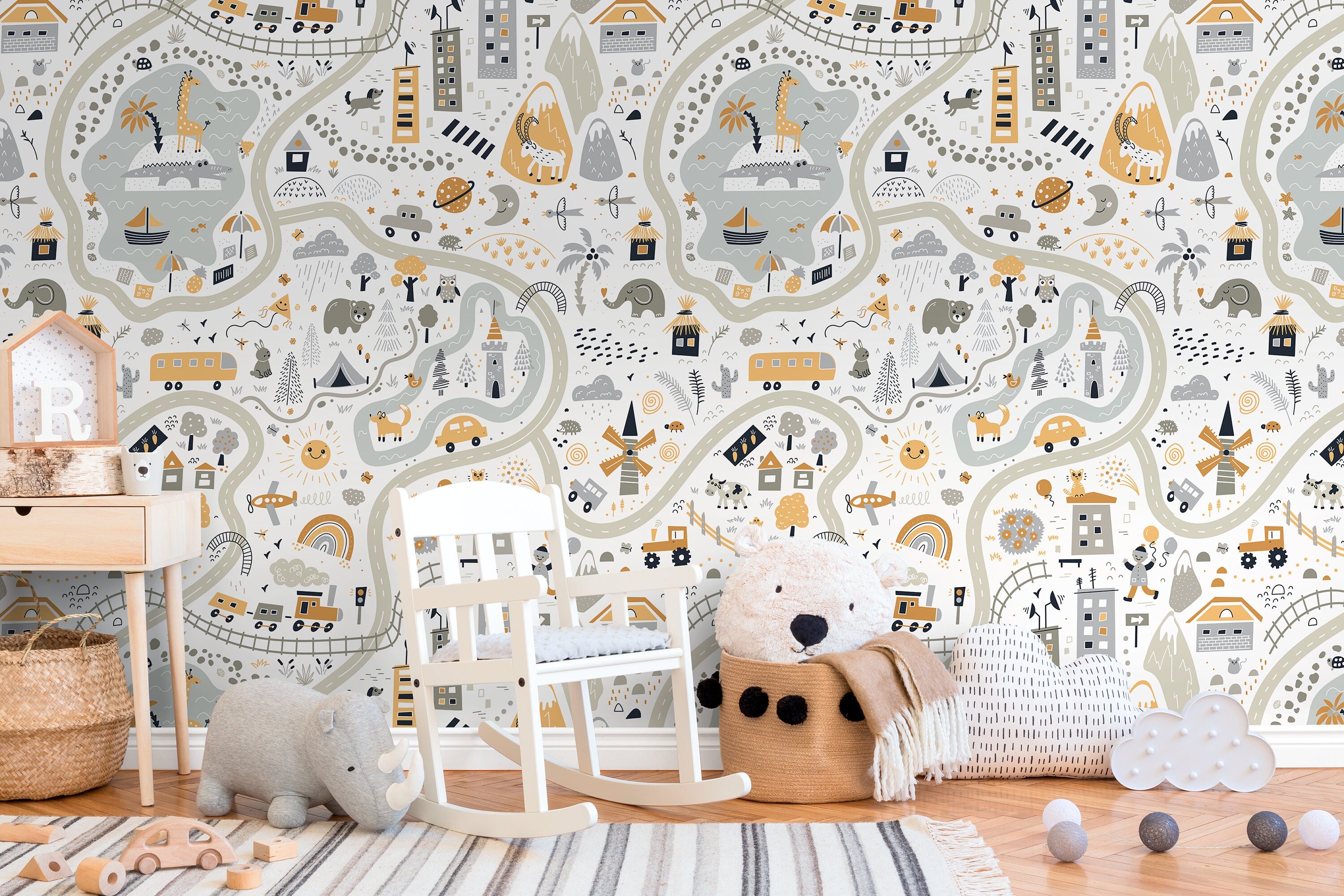 Ondecor Nursery Town Map Peel and Stick Wallpaper: Transform Your Baby's Room into a Dreamy Wonderland!