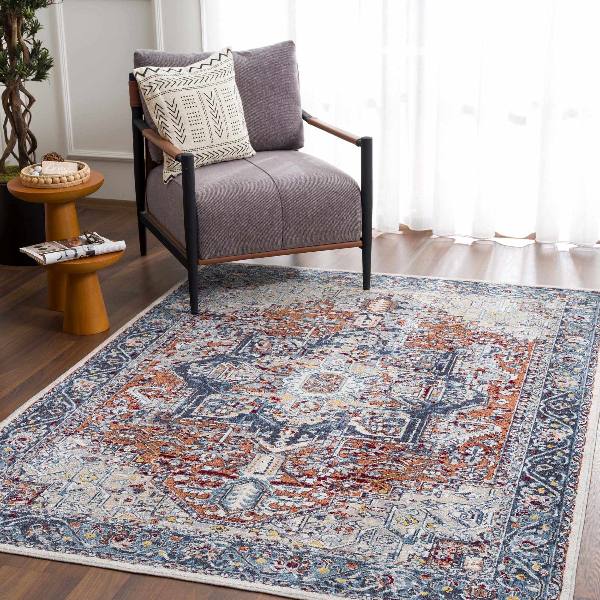 Hauteloom Uson Collection Blue & Rust Washable Area Rug - Invite Style and Comfort Home