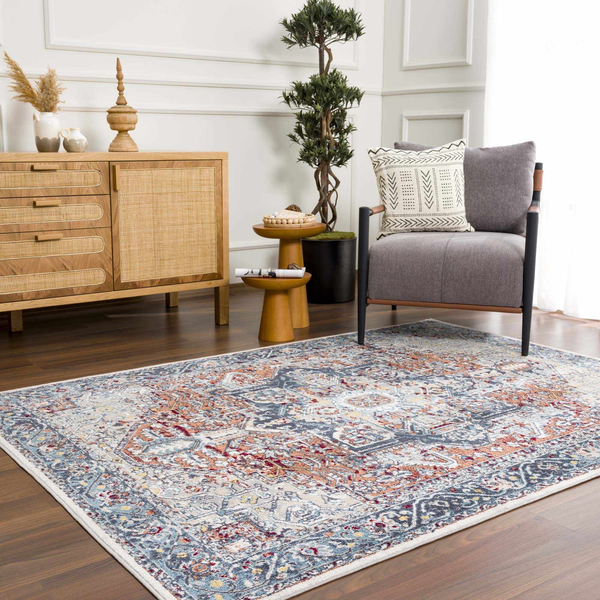 Hauteloom Uson Collection Blue & Rust Washable Area Rug - Invite Style and Comfort Home