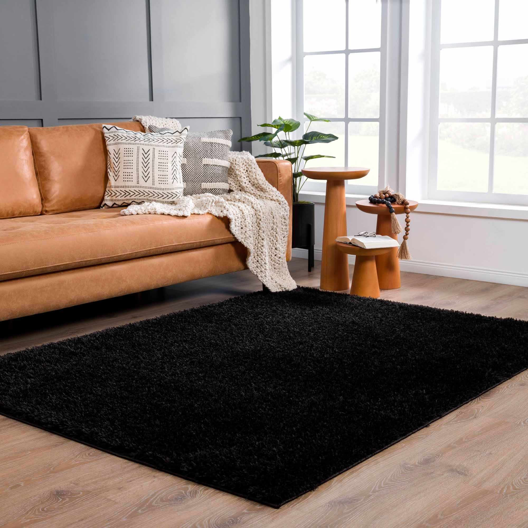 Luxurious Hauteloom Faina Solid Black Shag Rug - Effortlessly Washable!