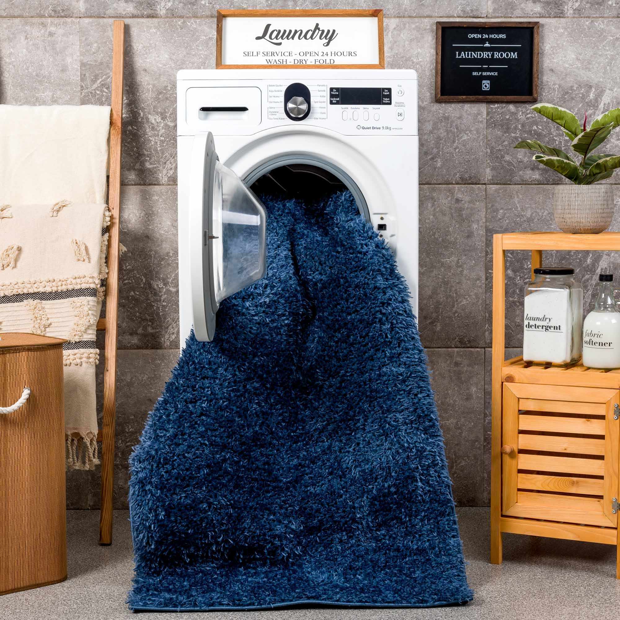Luxurious Hauteloom Faina Dark Blue Shag Rug - Effortlessly Washable