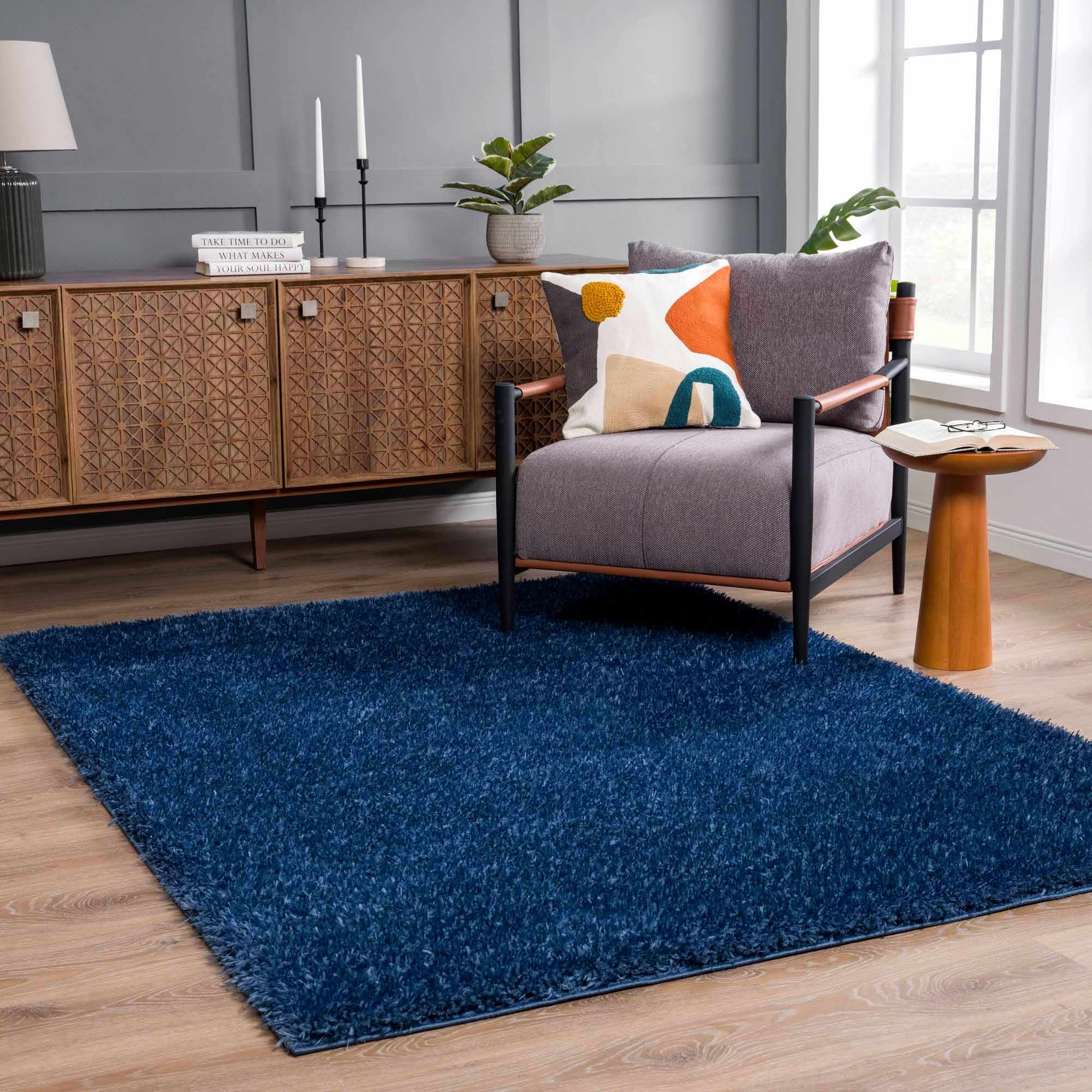 Luxurious Hauteloom Faina Dark Blue Shag Rug - Effortlessly Washable