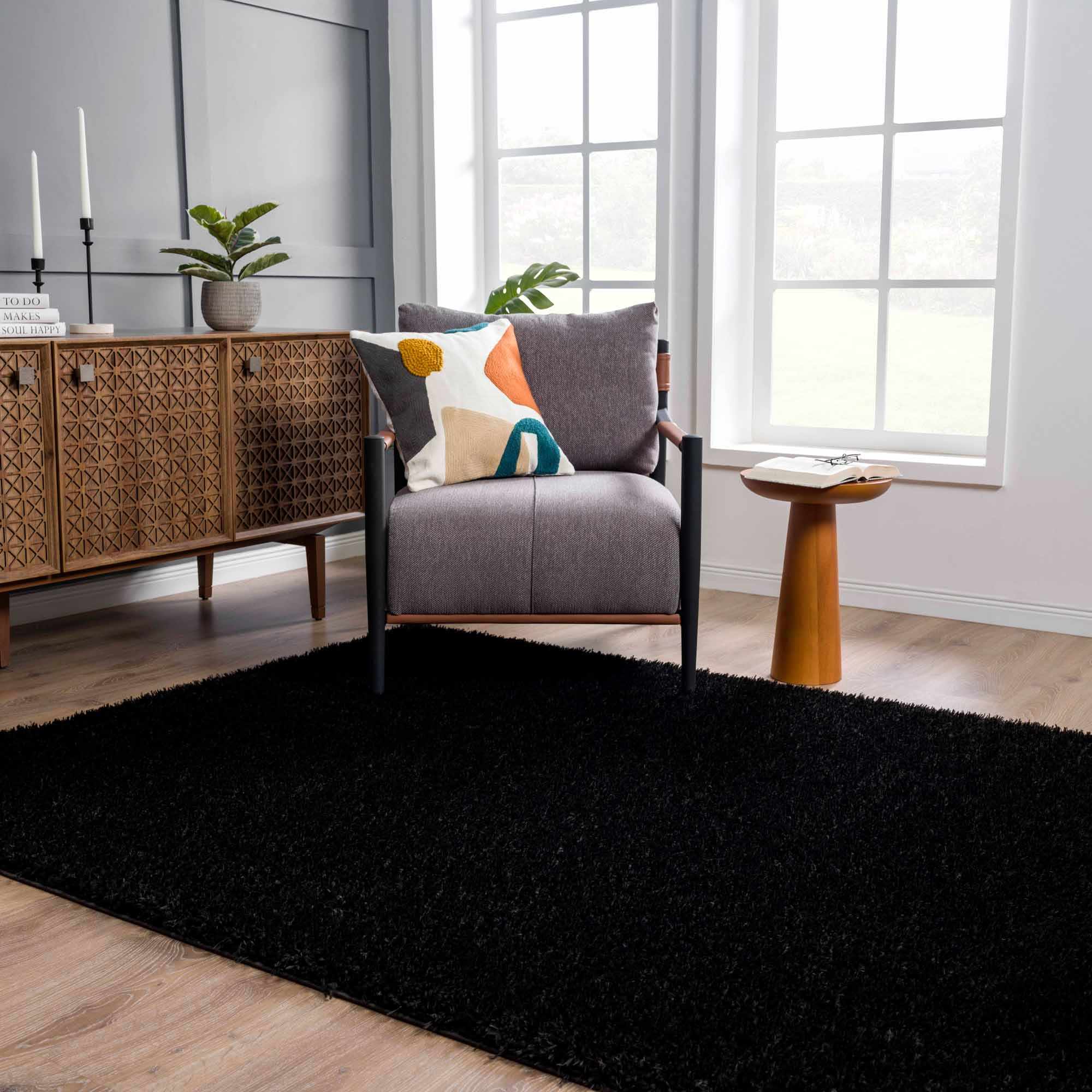 Luxurious Hauteloom Faina Solid Black Shag Rug - Effortlessly Washable!