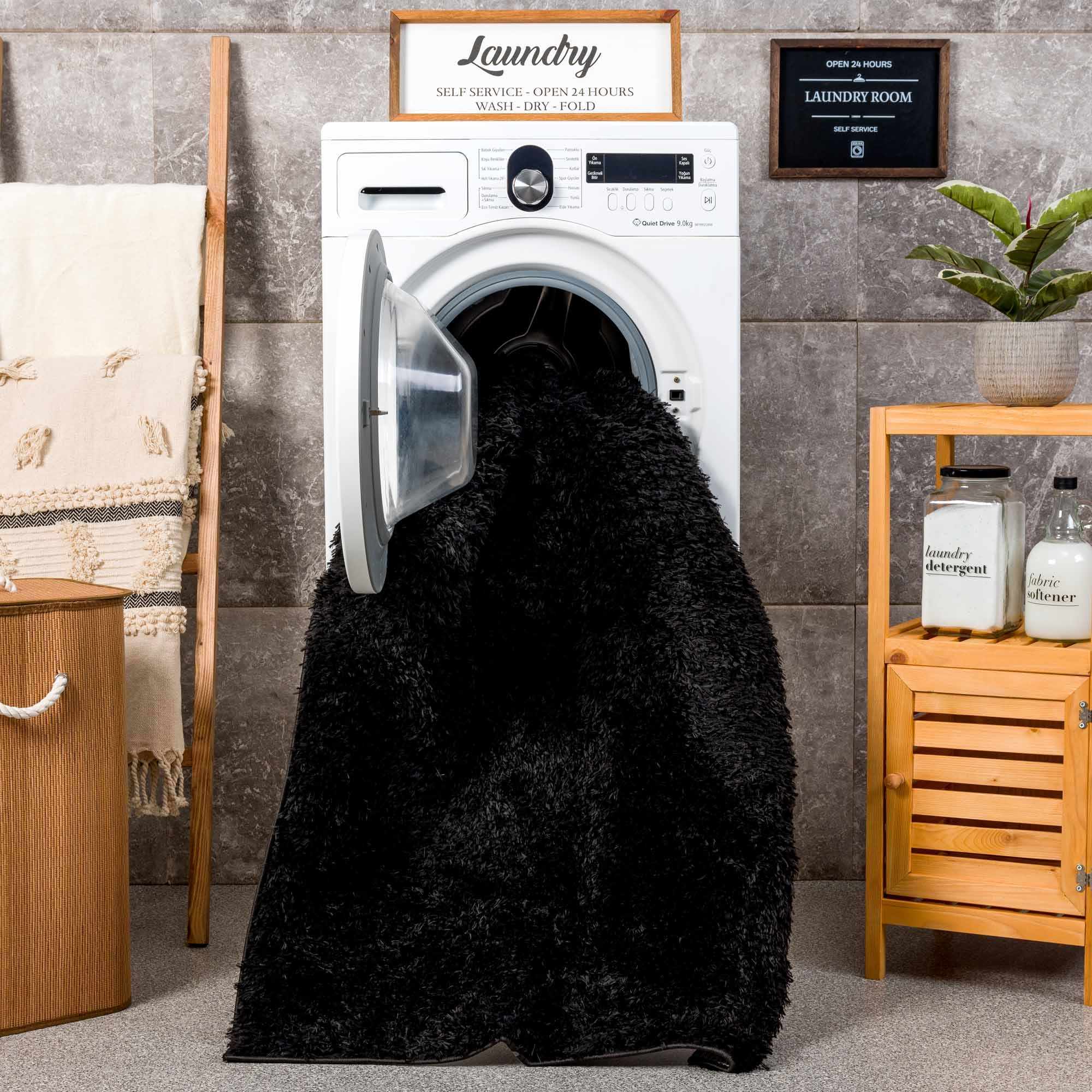 Luxurious Hauteloom Faina Solid Black Shag Rug - Effortlessly Washable!