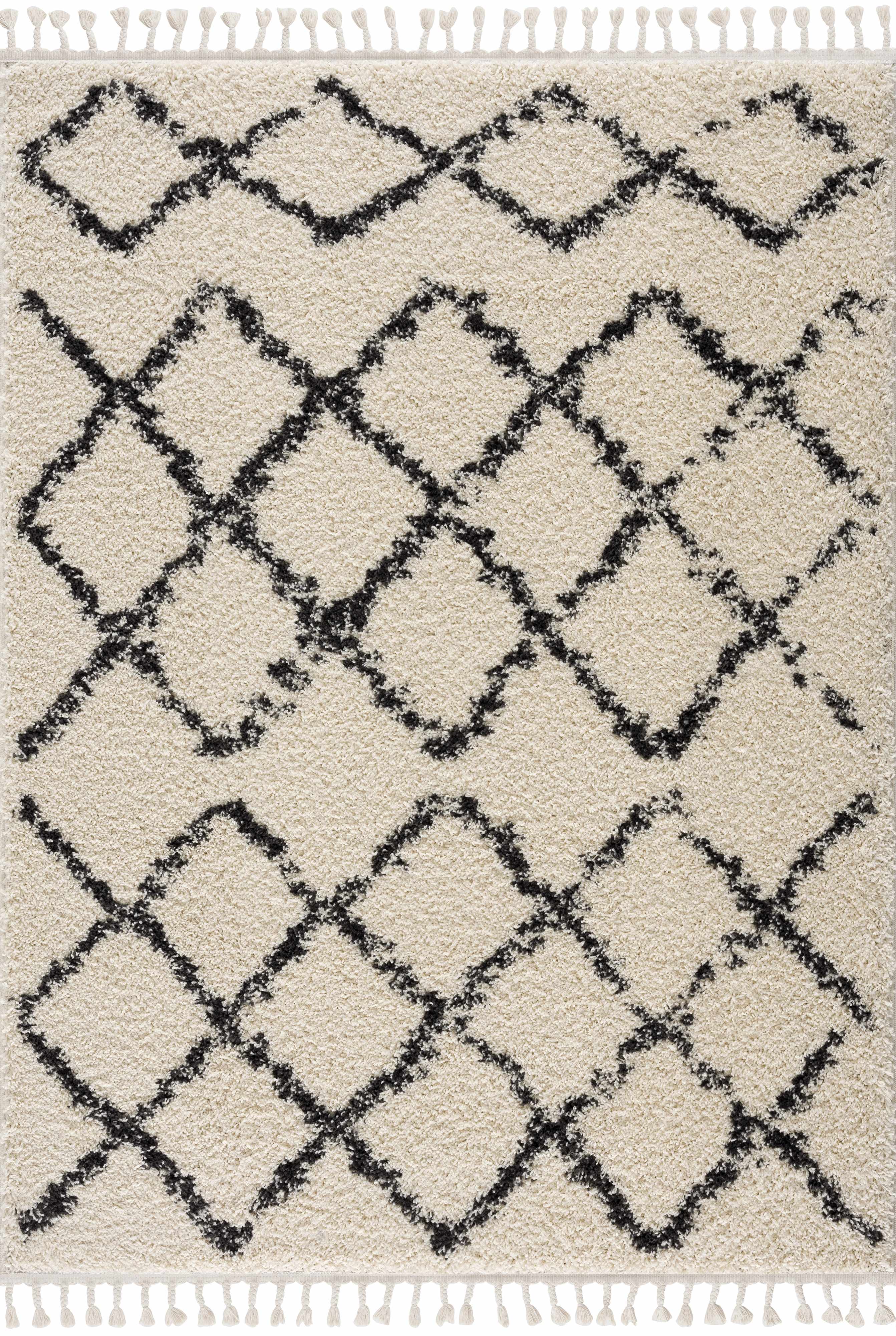 Hauteloom Wallagrass Trellis Tassel Shag Rug - Bohemian Beauty in Beige/Black