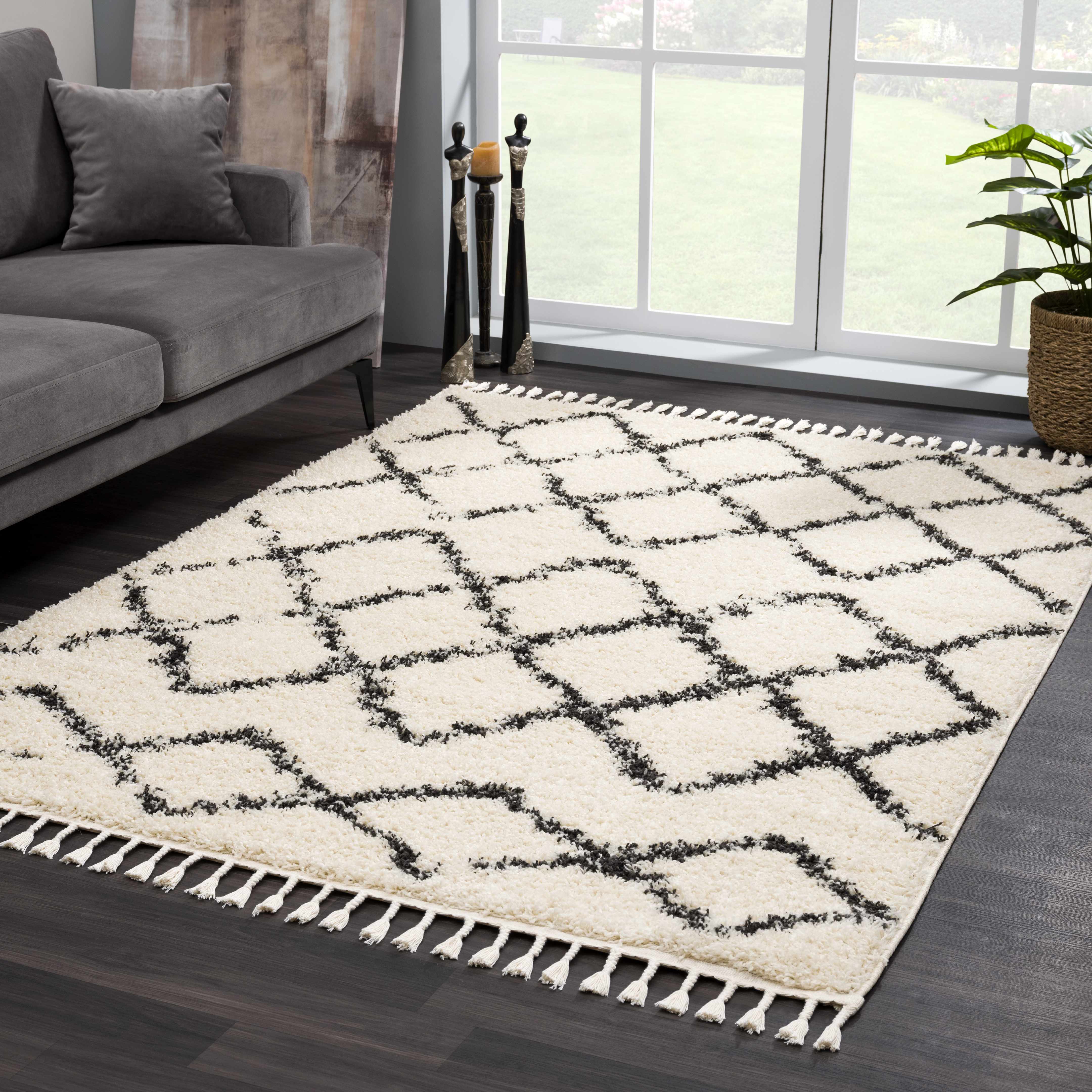 Hauteloom Wallagrass Trellis Tassel Shag Rug - Bohemian Beauty in Beige/Black