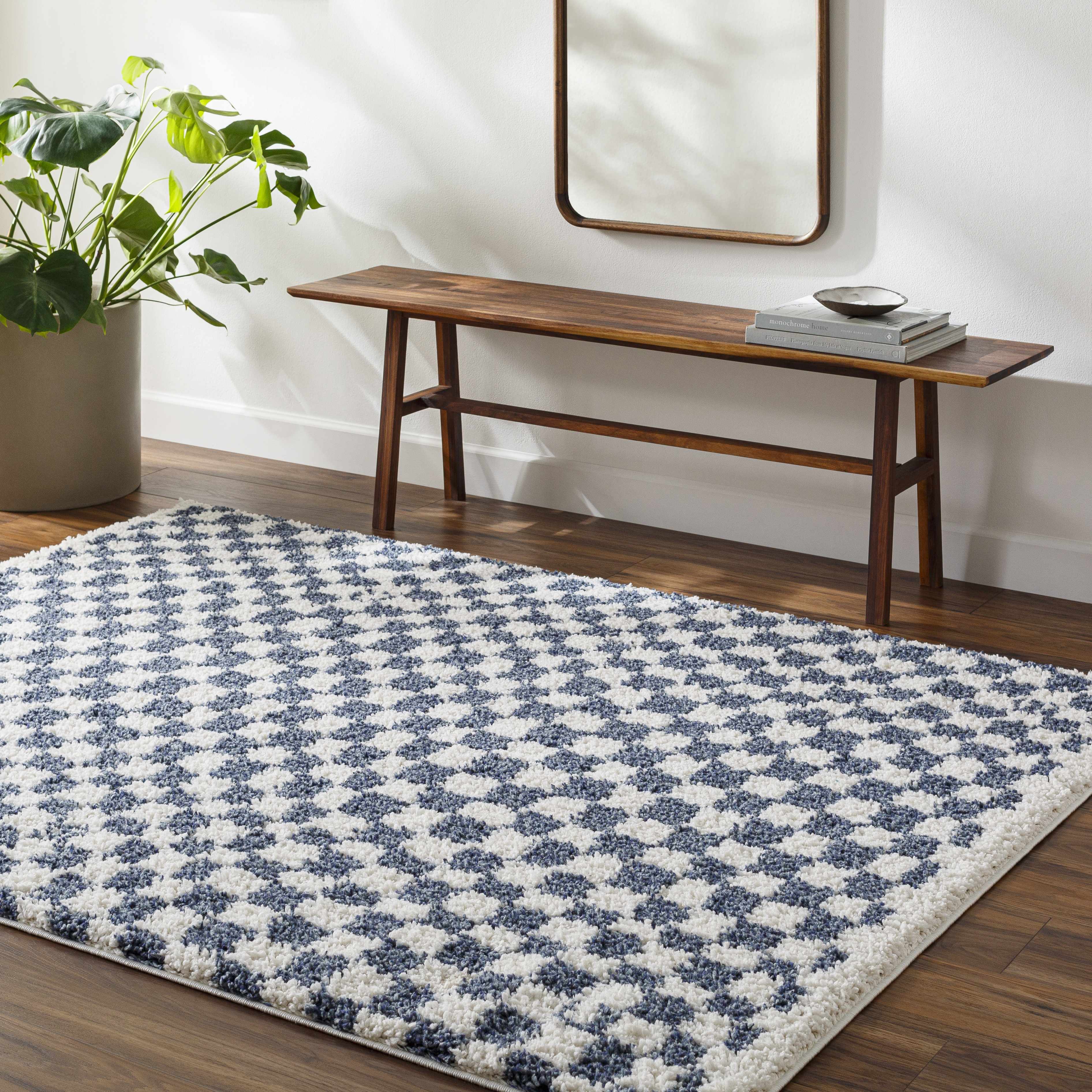 Exquisite Kieu Blue & White Checkered Area Rug