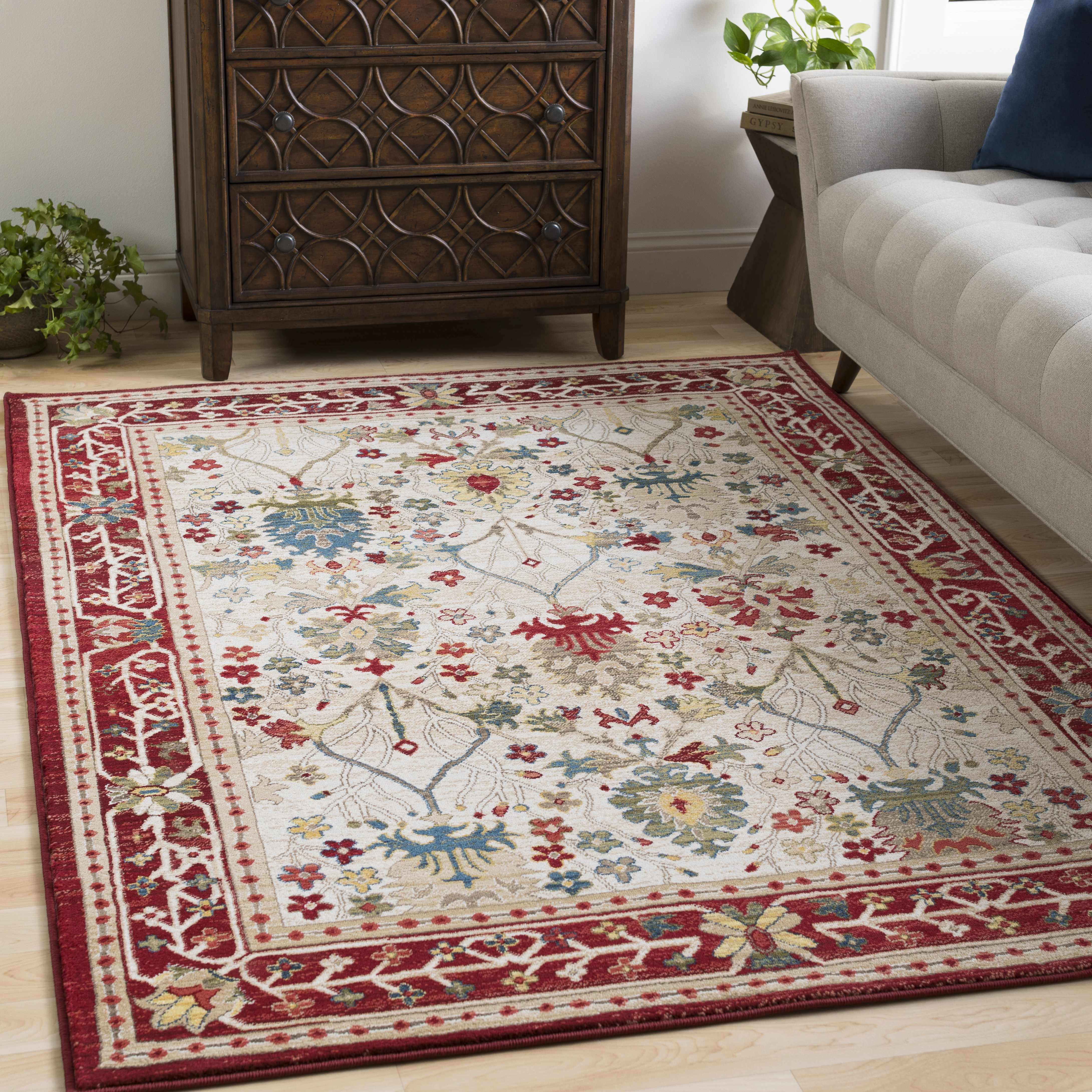 Exquisite Hauteloom Neola White/Red Damask Area Rug
