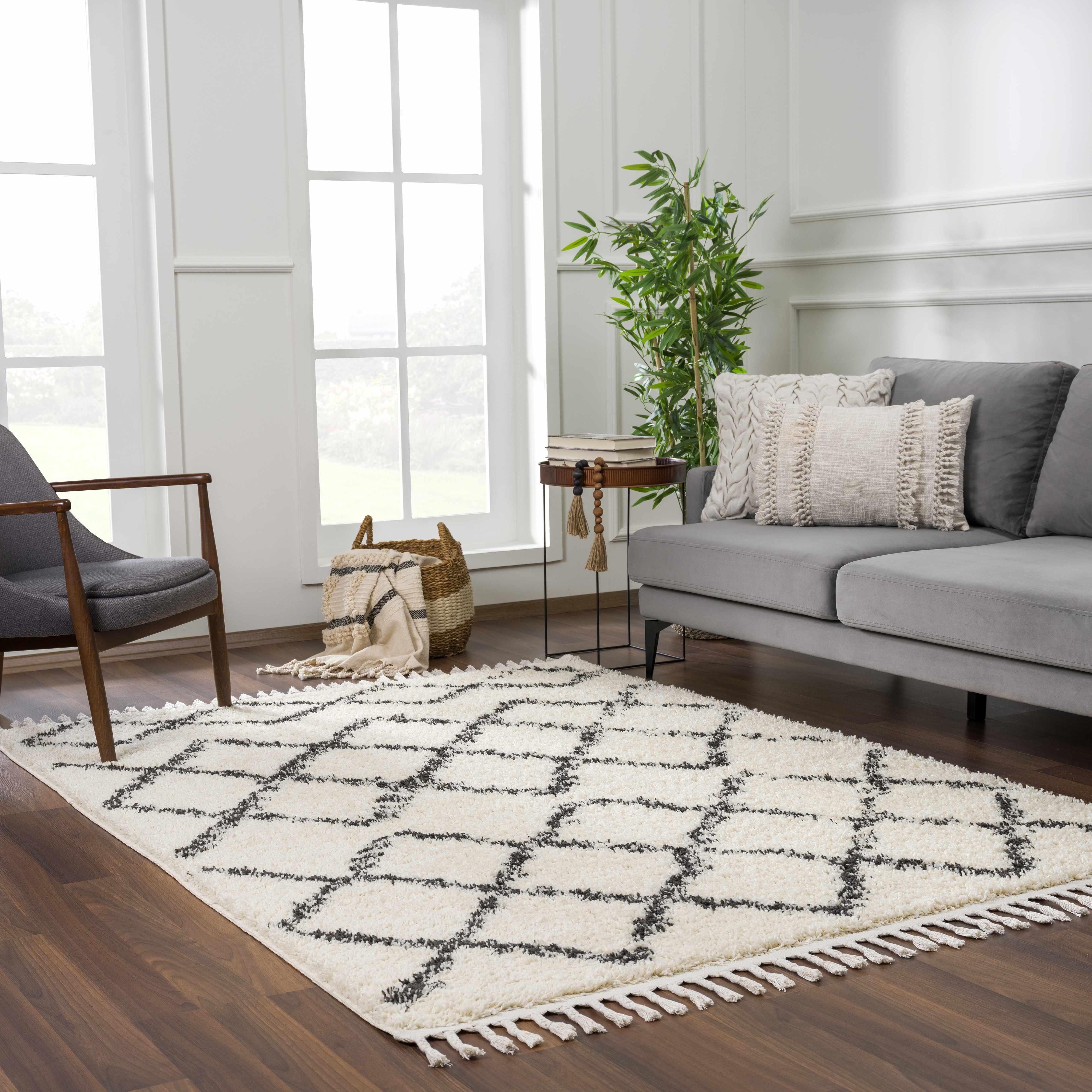 Hauteloom Wallagrass Trellis Tassel Shag Rug - Bohemian Beauty in Beige/Black