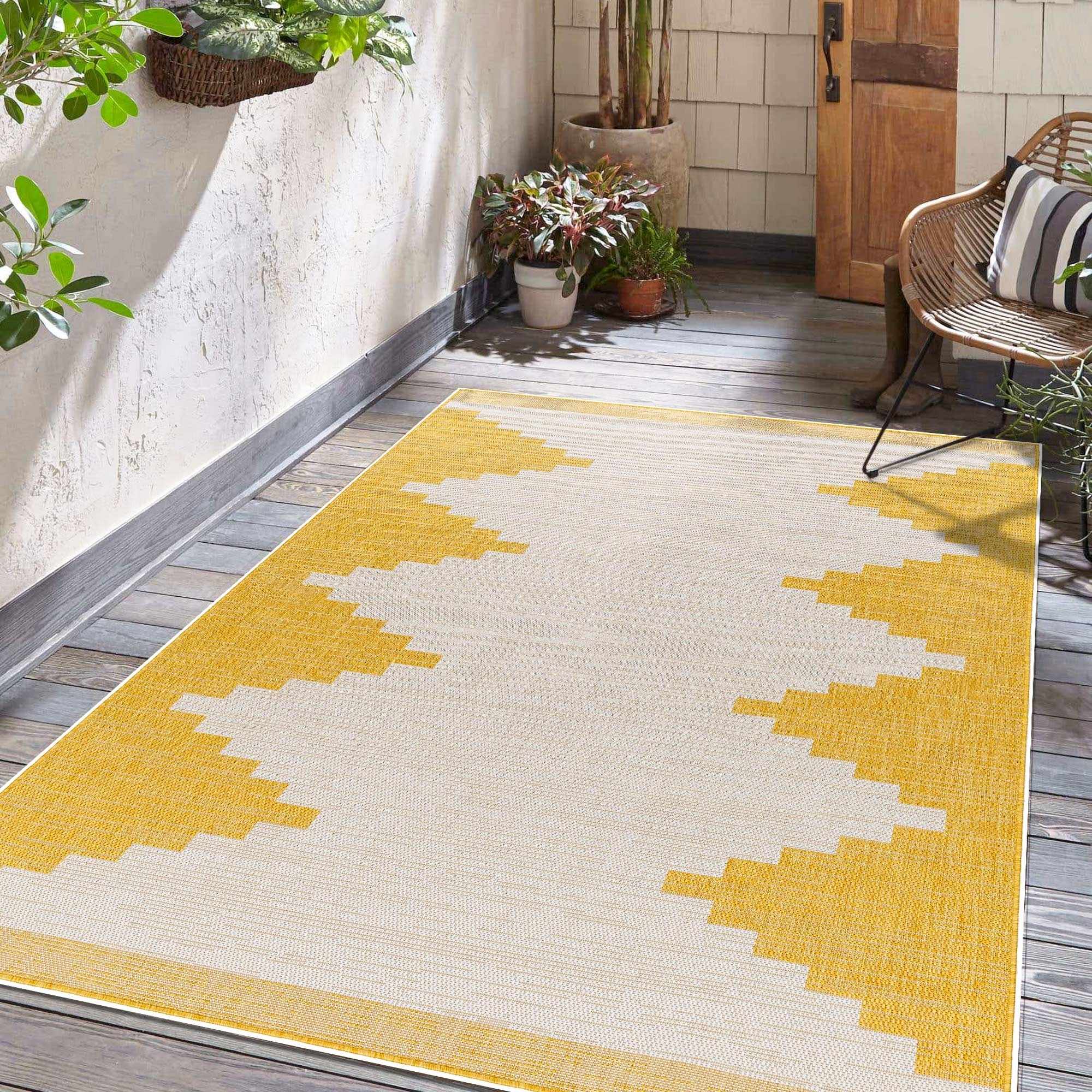 Hauteloom Djugun Yellow Aztec-Inspired Outdoor Rug