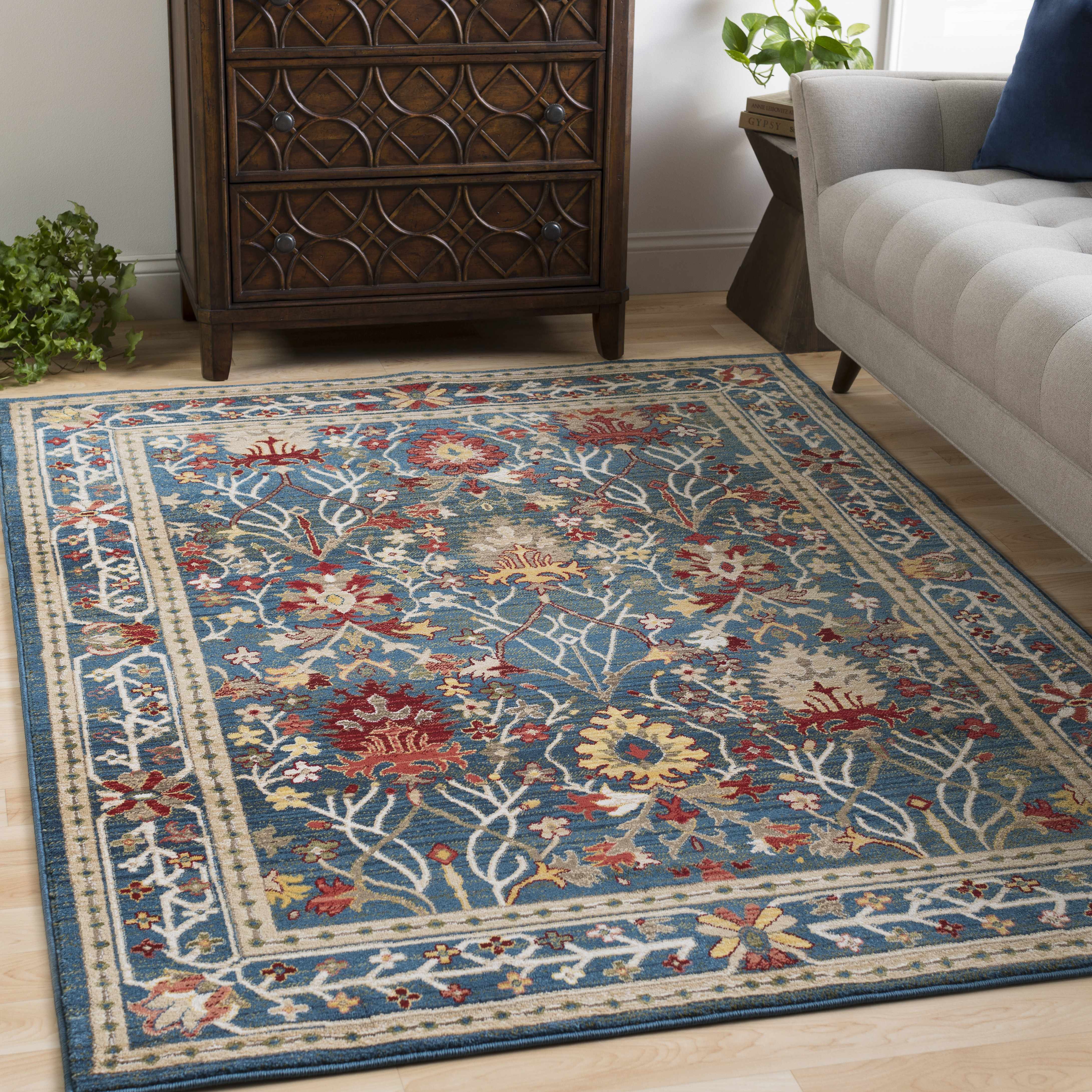 Exquisite Hauteloom Neola Navy Blue Damask Area Rug