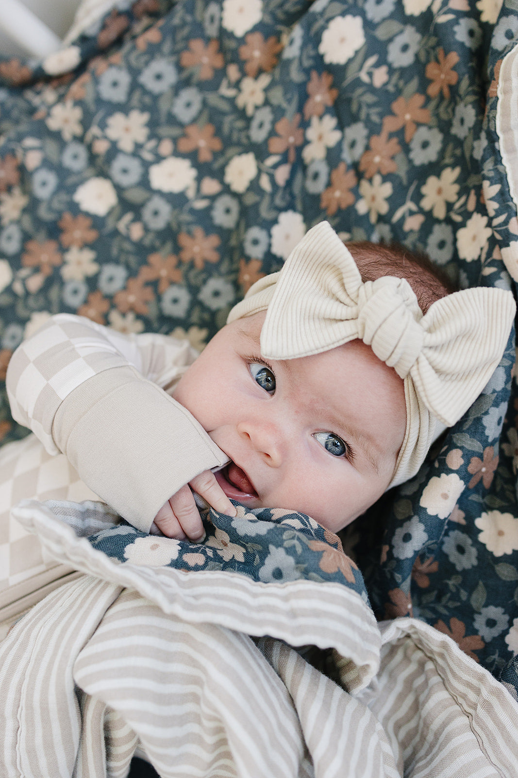 Mebie Baby's Luxurious Taupe Stripe & Midnight Floral Muslin Quilt
