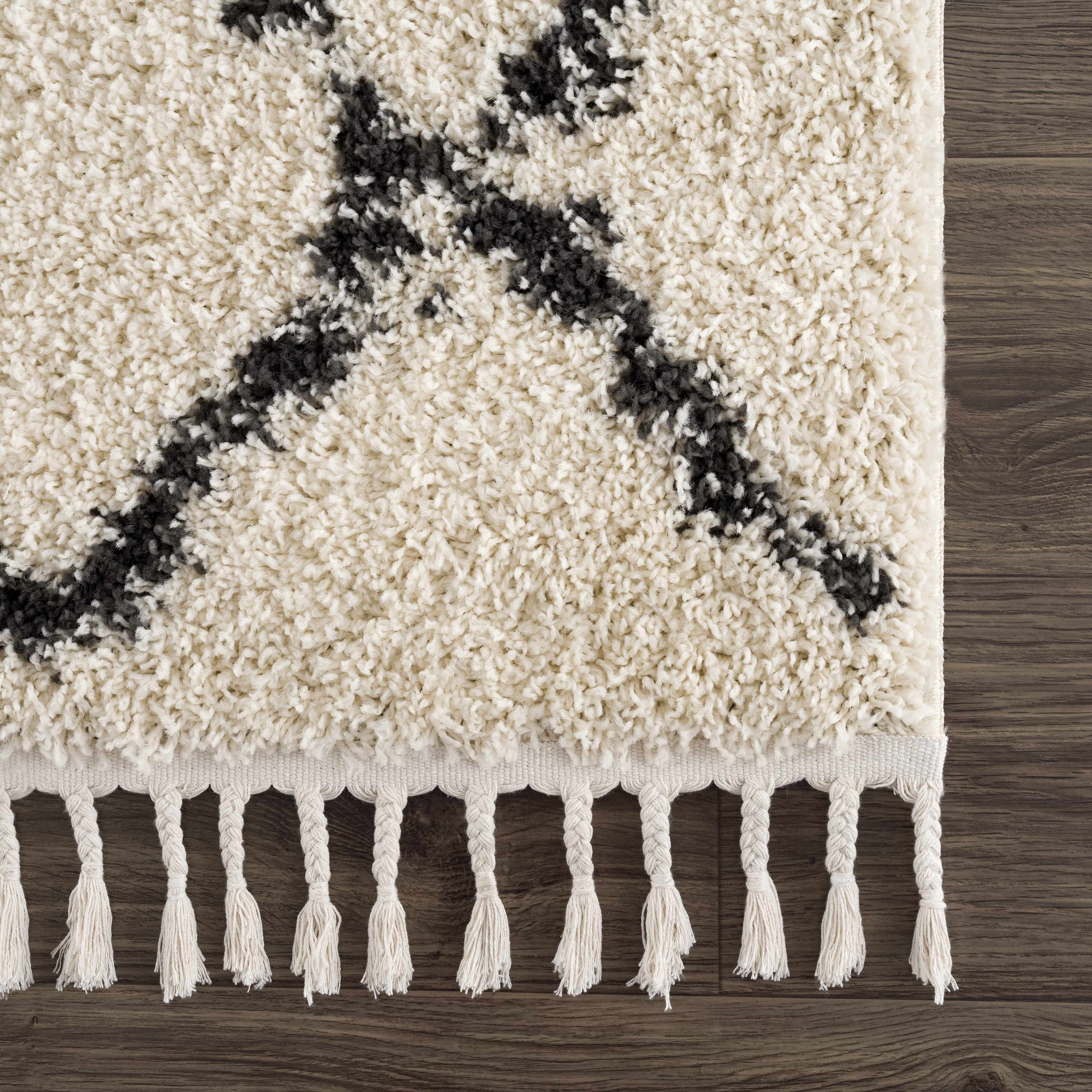 Hauteloom Wallagrass Trellis Tassel Shag Rug - Bohemian Beauty in Beige/Black