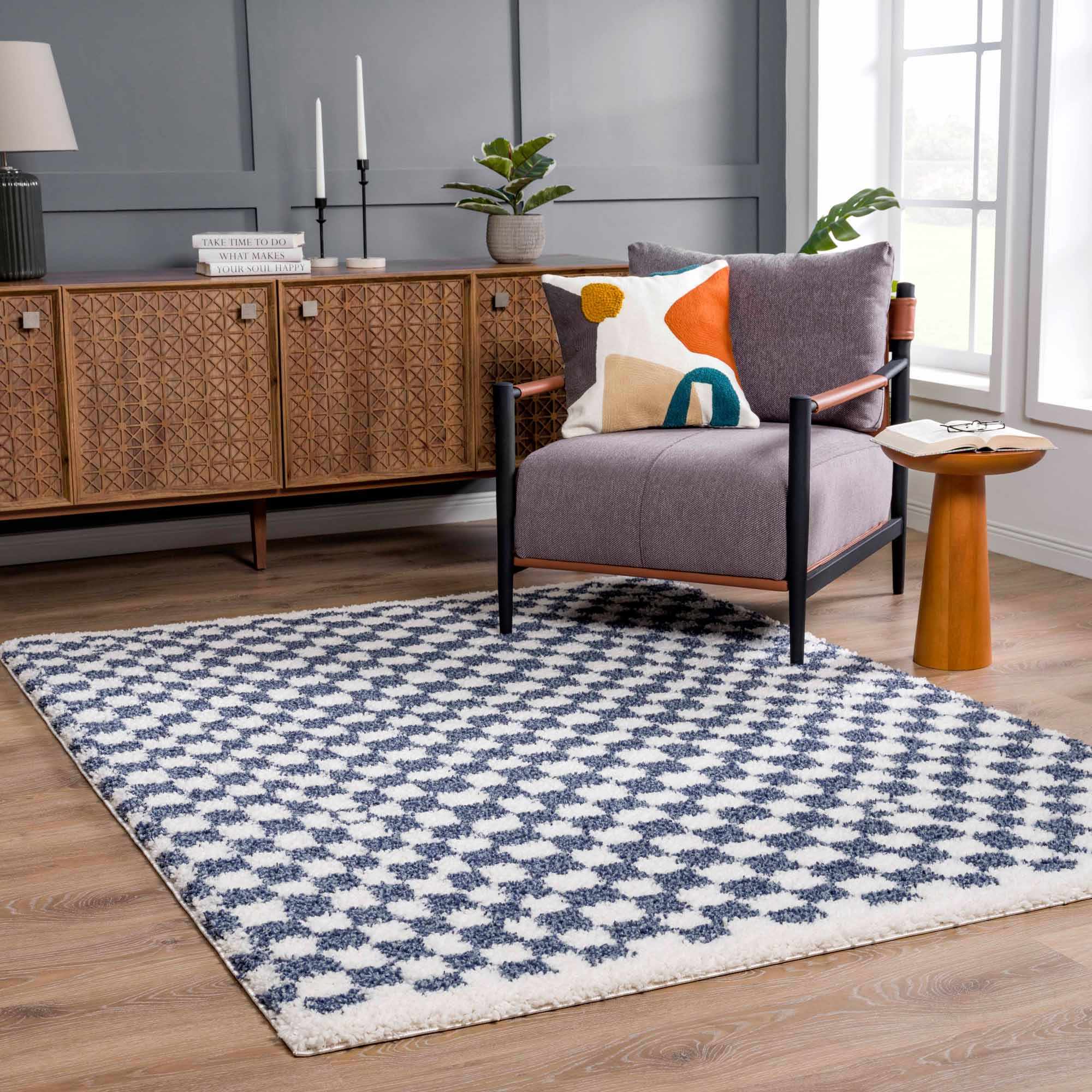 Exquisite Kieu Blue & White Checkered Area Rug