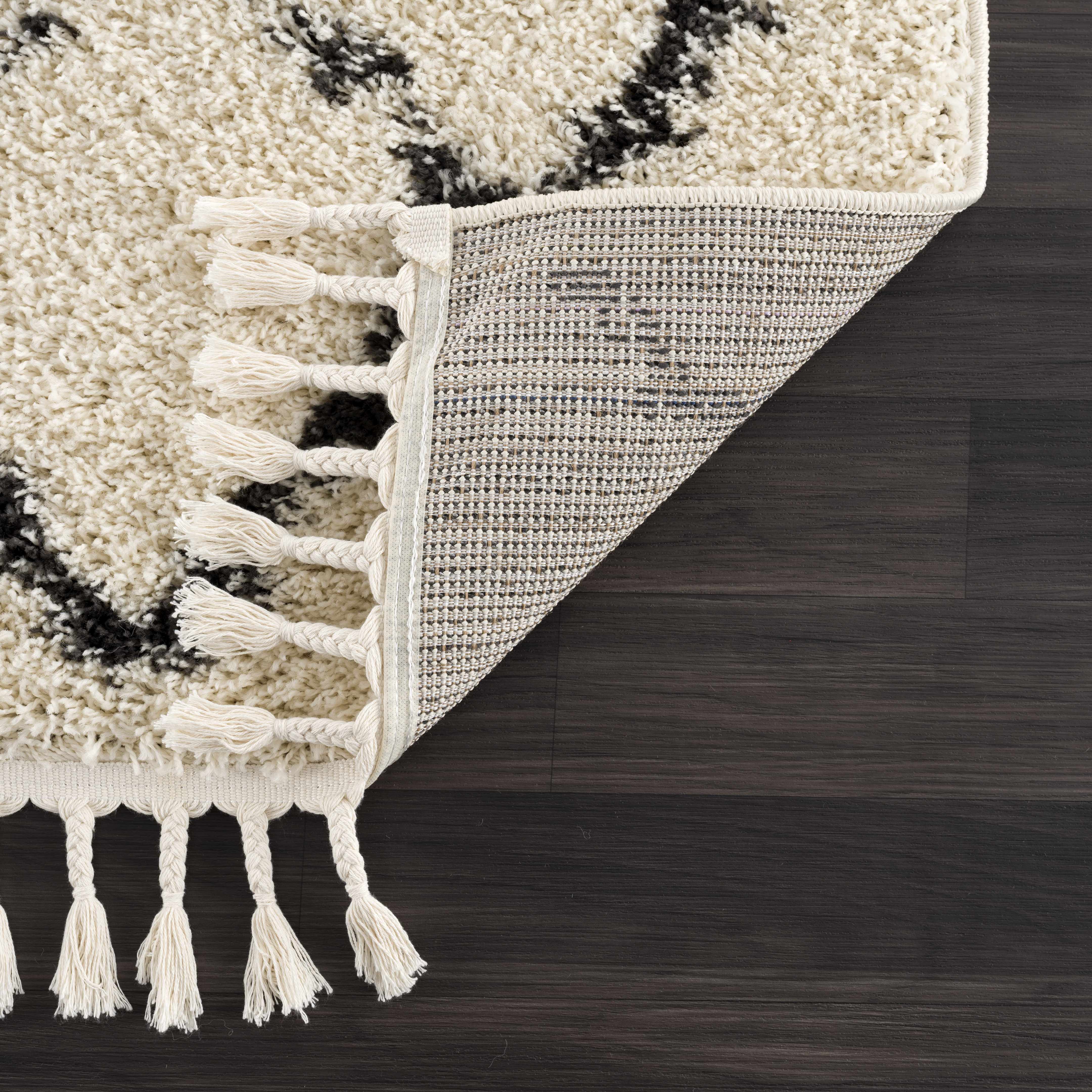 Hauteloom Wallagrass Trellis Tassel Shag Rug - Bohemian Beauty in Beige/Black