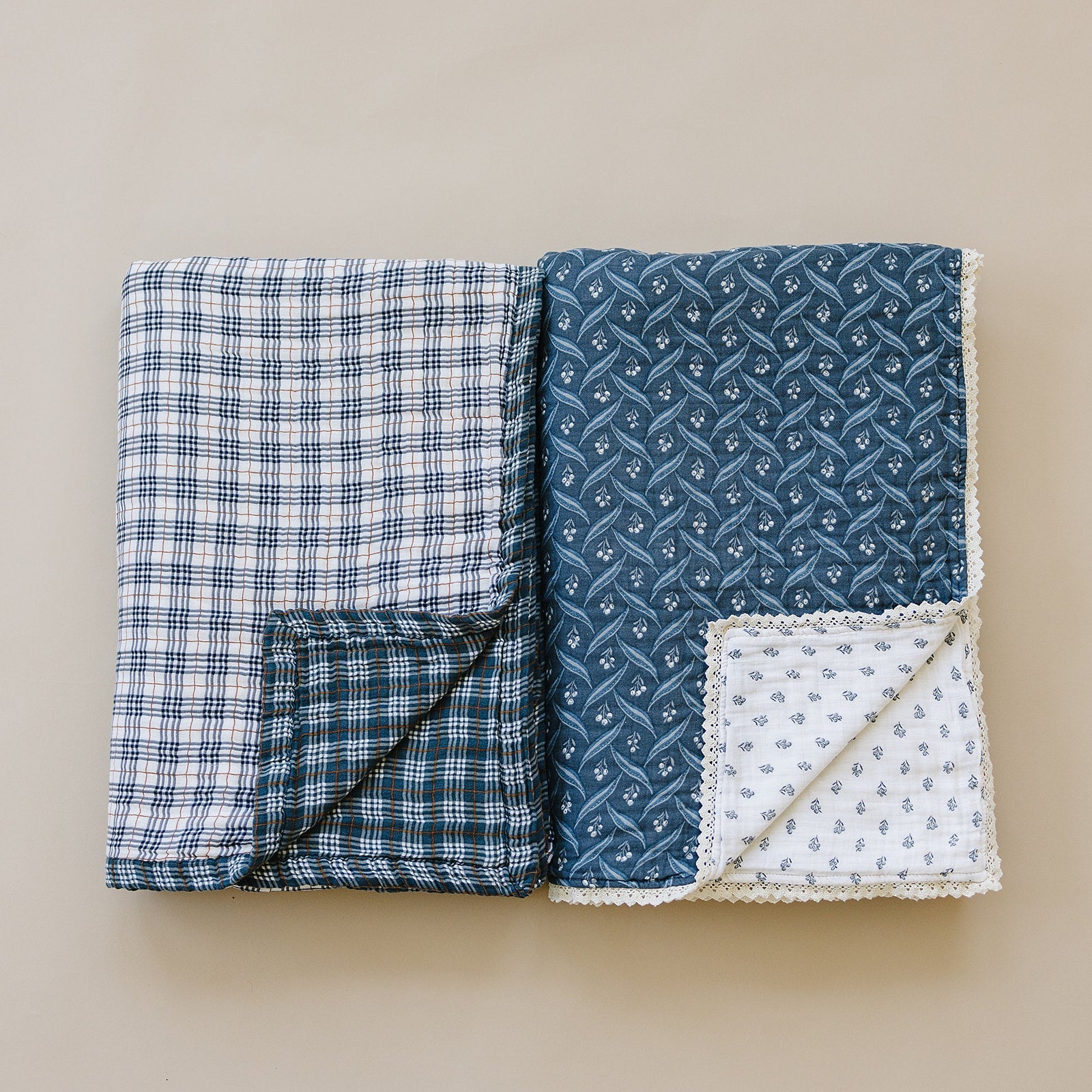 Charming Navy Berry + Cream Berry Lace Twin Muslin Quilt for Your Little Ones