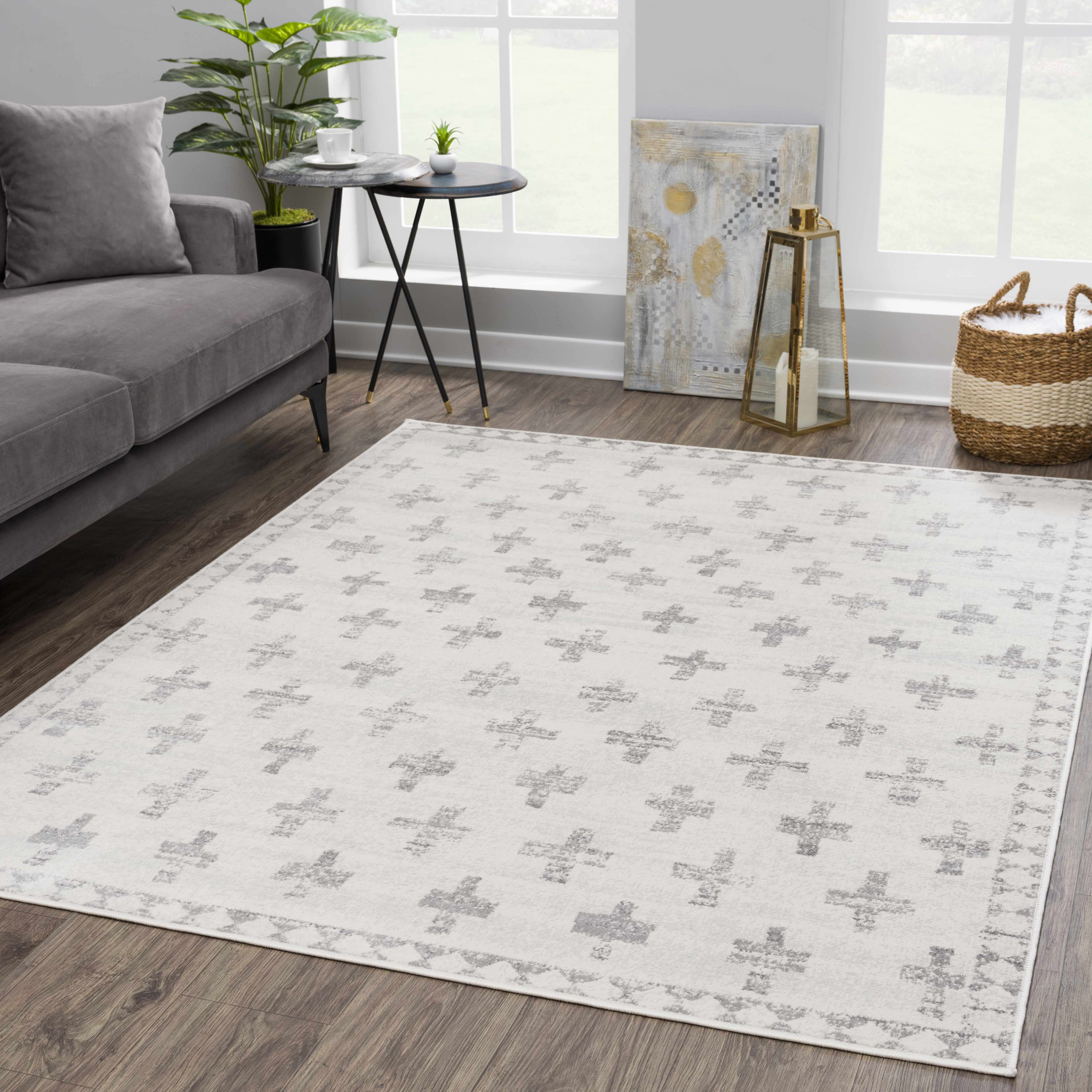 Hauteloom Tigris Swiss Cross Ivory & Gray Geometric Style Area Rug