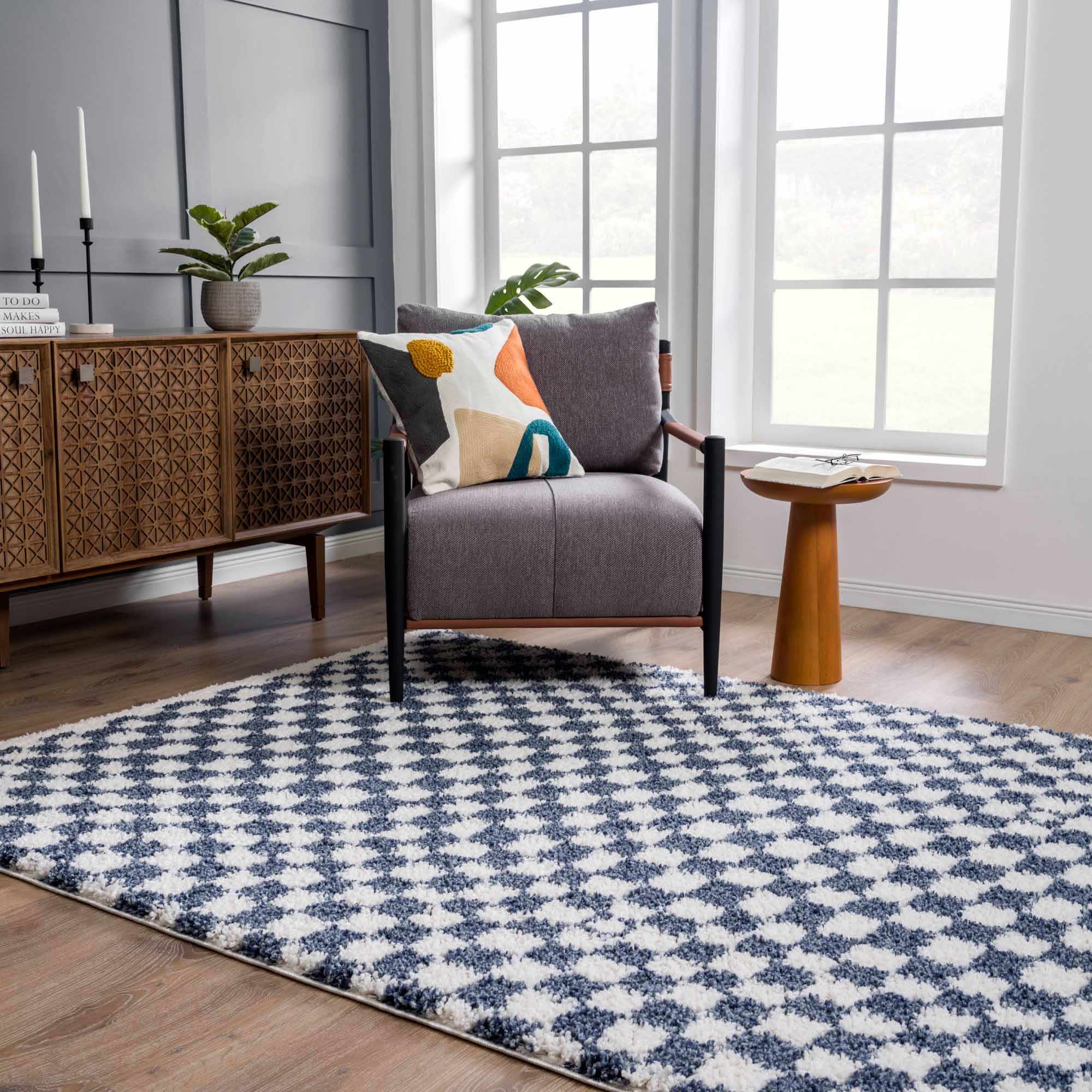 Exquisite Kieu Blue & White Checkered Area Rug